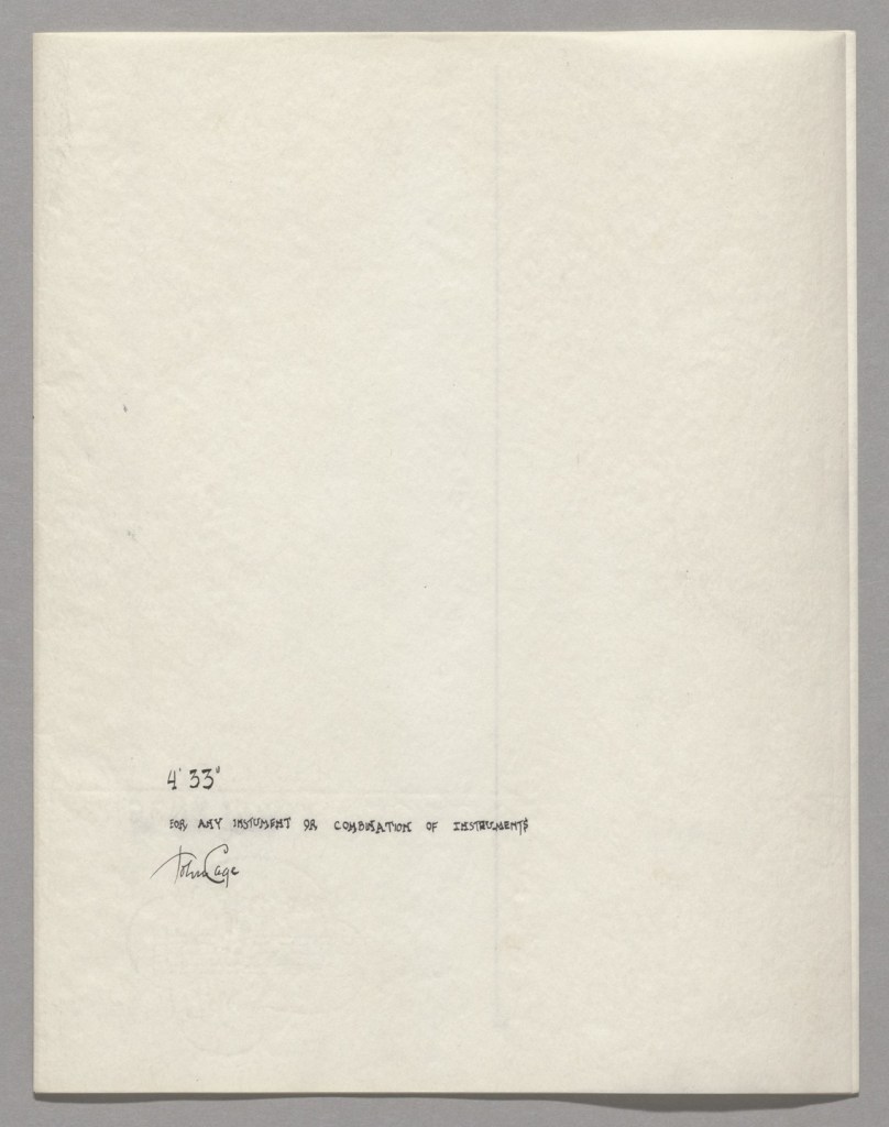 The cover sheet of the piece 4'33" by American composer John Cage.

The text reads:

4'33"
For Any Instrument Or Combination of Instruments
John Cage